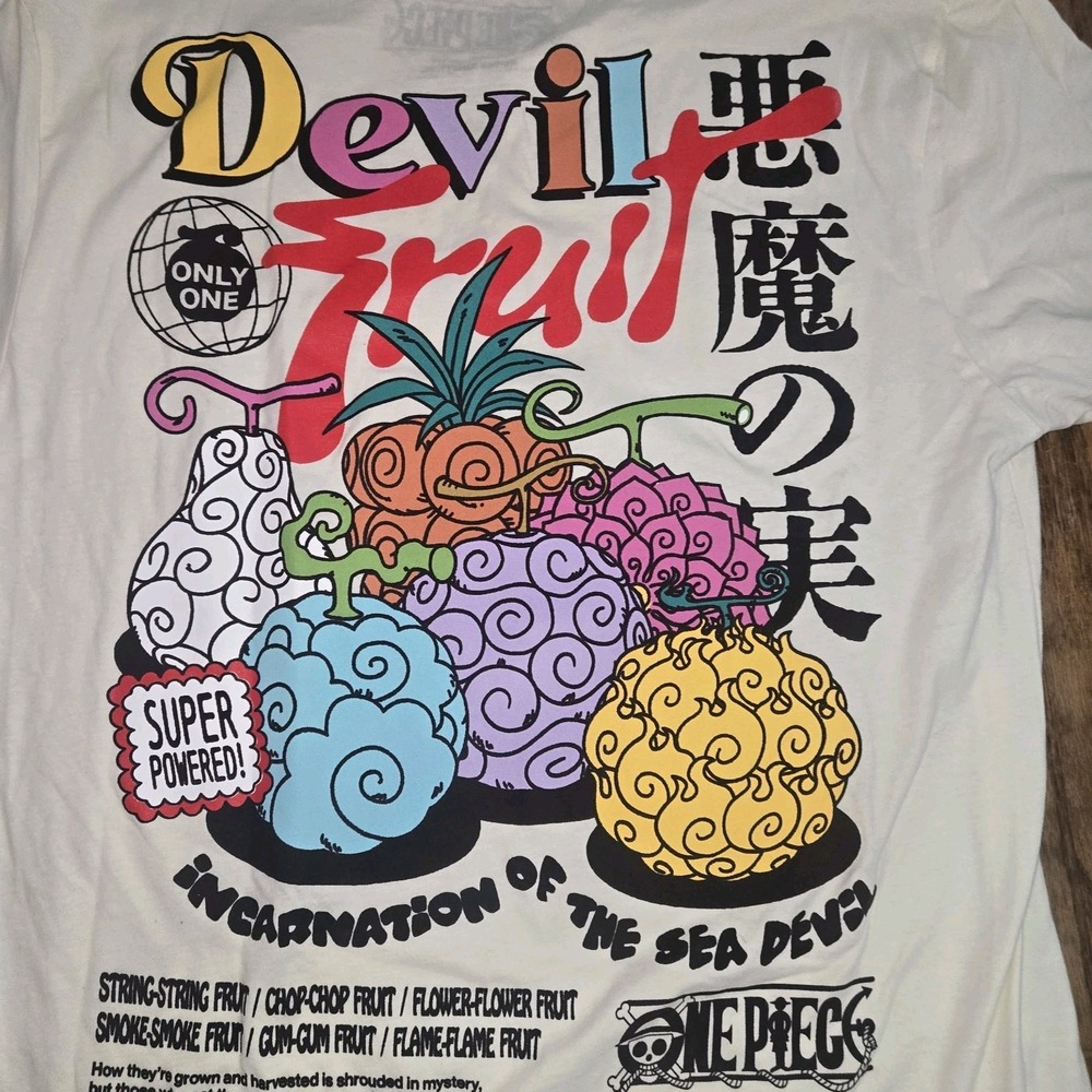 One Piece Devils Fruit Mens T-shirt Sz Lg Double Sided Anime Ripple Junction